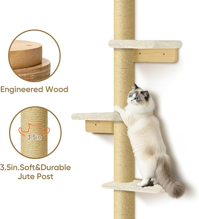 PAWSCRAT 5-Tier Wall-Mounted Cat Tree, 80-Inch Sisal Post, PureWhite | Cat Tower for Indoor Cats, Cozy hammock and Durable Sisal Post Give Cats Vertical Space to Jump, Climb, Scratch and Rest.