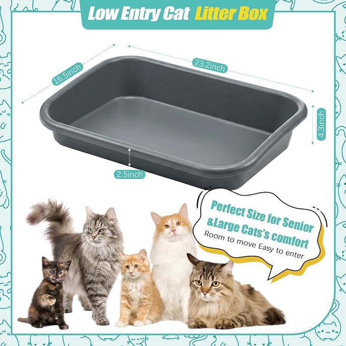 Uiifan 3 Pcs Extra Large Low Entry Cat Litter Box for Senior Kitty Pet Open Top Litter Box for Senior Kitten Handicap Disabled Older Elderly Cats, Easy to Clean(Gray,23.2 x 16.5 x 4.3 Inches)