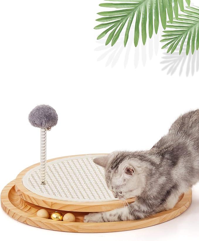 LMUGOOS Cat Scratcher, Cat Natural Sisal Scratching Pad, Kitten Interactive Toy with Ball Track Spring Ball for Chasing Hunting Mental Physical Exercise Puzzle | Cat Toys Spring Ball Turntable Indoor Entertainment Chasing Hunting Protecting Furniture S...