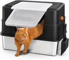 Vivifying Stainless Steel Litter Box, XL Side Entry Extra Large Litter Box with Lid for Big Cats & Kitty, Removable Enclosed Metal Cat Pan with High Sided Enclosure, Scoop (Black)