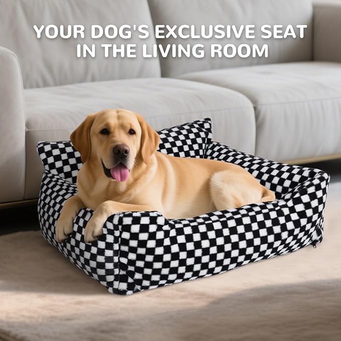 Dog Beds for Small Medium Dogs, Washable Soft Fleece Dog Bed with Removable Cover, Puppy Sofa Bed with Anti-Slip Bottom, Pet Sleeping Bed for Indoor Cats & Dogs Under 23 lbs (Grid Black)