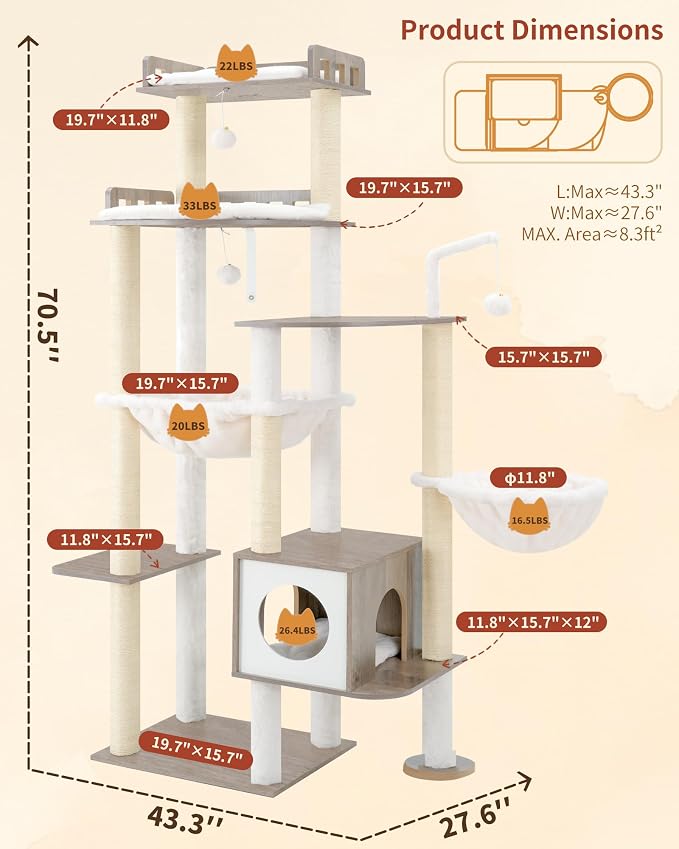 Heybly Cat Tree, 70.5" Wood Tall Cat Tower for Large Indoor Cats HCT121SG | Modern Cat Furniture with Extra Stable Structure, All-Sisal Scratching Posts, Cat Condo & Hammocks, Smoky Gray