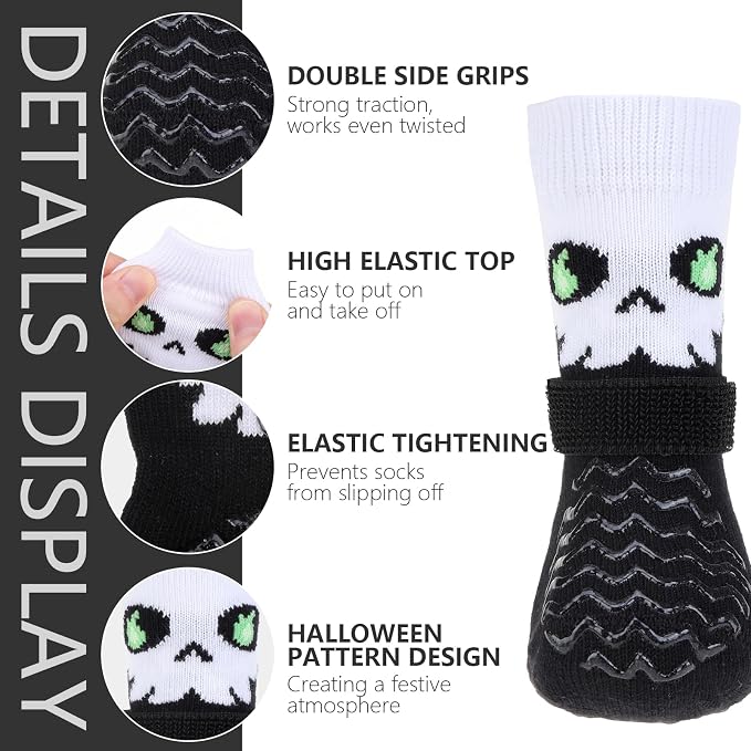 EXPAWLORER Anti Slip Dog Socks to Prevent Licking Paws for Cold Winter, Double Sides Dog Shoes Boots & Paw Protectors Booties for Hardwood Floors with Grip Small Medium Large Senior Dogs Halloween L