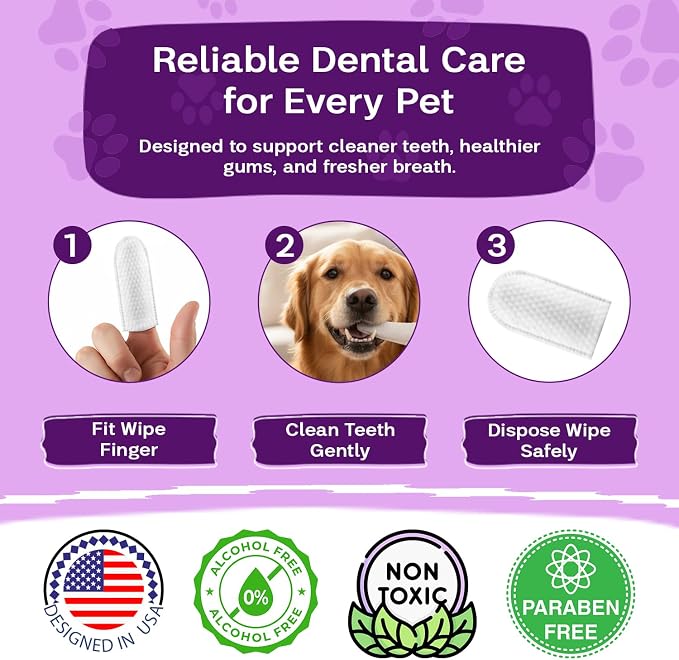 Dog & Cat Dental Wipes - Finger Toothbrush for Plaque, Tartar & Breath | Dental wipes help remove plaque, tartar & bad breath for dogs, cats & small pets, easy at-home oral care, 50 Wipes, Mint