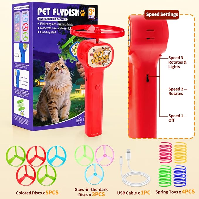 BABORUI Cat Toy Disc Launcher, Rechargeable Interactive Cat Fetch Toy Launcher with 8 Flying Discs, Flying Enrichment Toys for Indoor Bored Kittens & Adult Cats (Red-1)