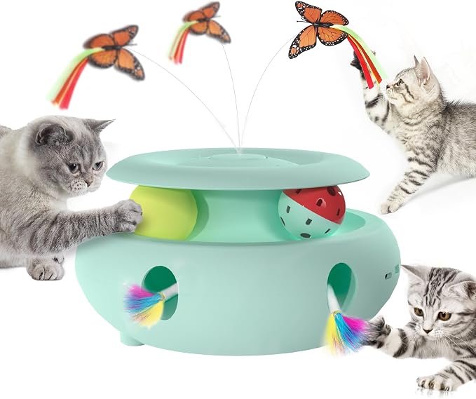 Cat Toys,3-in-1 Interactive Cat Toys for Indoor Cats,Rechargeable Automatic Interactive Cat Toy with Fluttering Butterfly,Smart Sensor 6 Holes Mice Whack-A-Mole and Track Balls,Blue