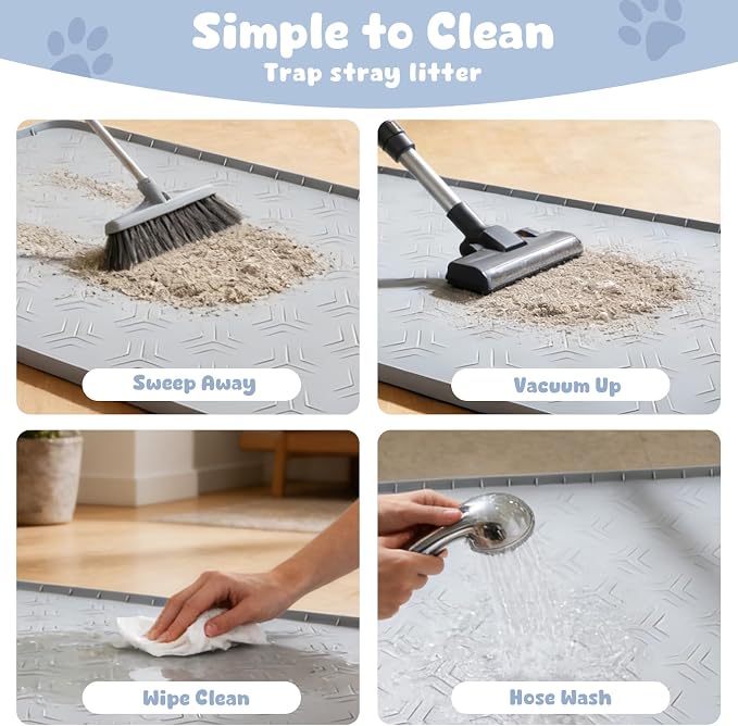 Cat Litter Box Mat, 34"×22" Waterproof Silicone Cat Litter Trapping | Non-Slip Gray Kitty Litter Mat for Indoor Cats, Waterproof Pet Food Mats Easy to Clean & Soft on Kitty Paws
