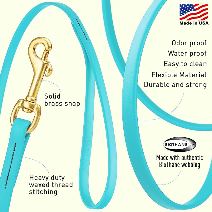 Viper Biothane K9 Working Dog Leash Waterproof Lead for Tracking Training Schutzhund Odor-Proof Long Line with Solid Brass Snap for Puppy Medium and Large Dogs, 20ft Sky Blue