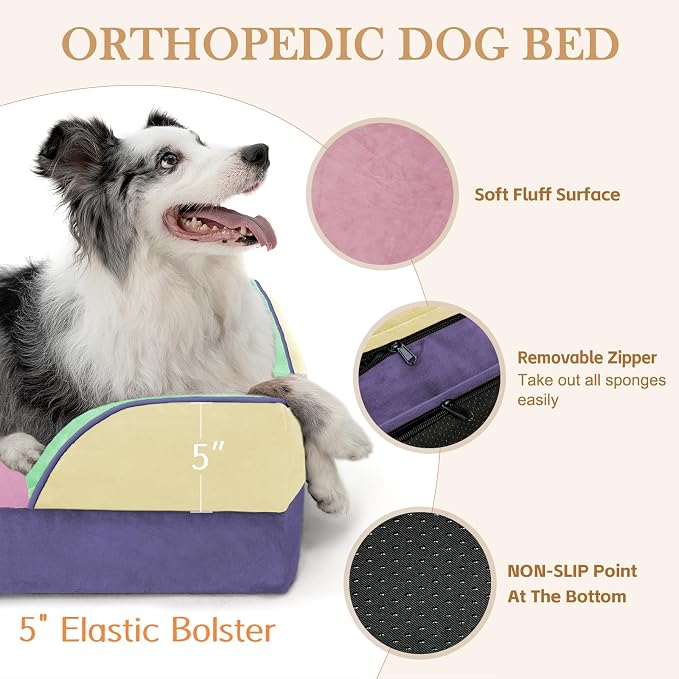 Comfort Expression Orthopedic Dog Bed for Extra Large Dogs with Bolster | Waterproof Dog Couch Bed with Washable Cover & Non-Slip Bottom, Supportive Egg Crate Foam XL Pet Bed, 42x30 Inch