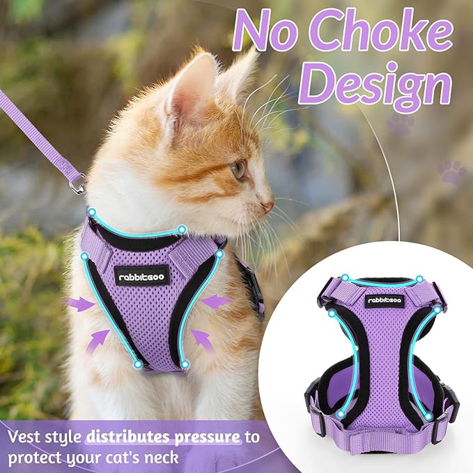 rabbitgoo Cat Harness and Leash Set, Escape Proof Vest, Light Purple | Soft Breathable Mesh, Easy Adjustable Fit, Snap Buckles, Sturdy Clip, Reflective Strips, for Small & Average Cats Walks, Xs