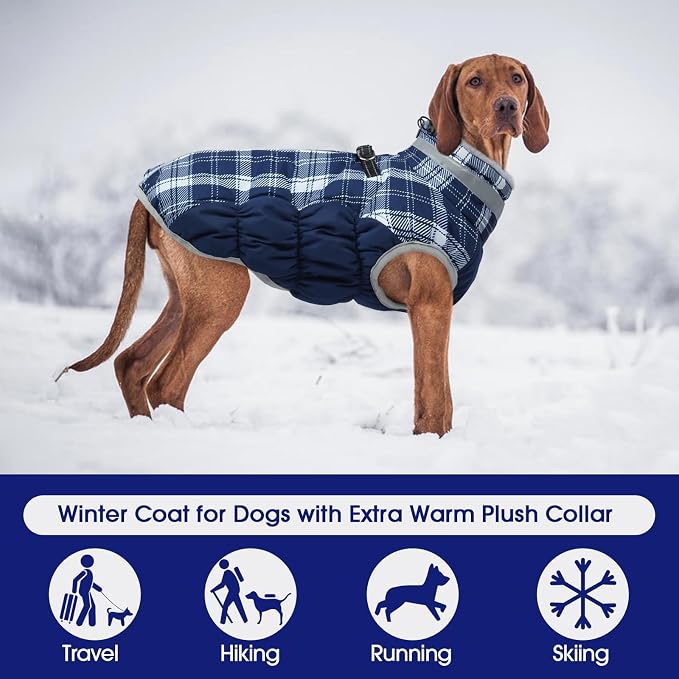 FUAMEY Dog Cold Weather Coats Reflective Dog Warm Jacket with Harness | Fleece Winter Coat for Medium Dogs Snow Puffer Vests with Zipper Reflective Turtleneck Jackets for Winter Blue Plaid M