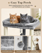 SYANDLVY Small Cat Tree with 2-Tier Perch Platforms, Scratching Post Tower | Natural Sisal, Hanging Bell Ball & Anti-Tip Strap, Modern Cat Furniture for Indoor Cats, Grey