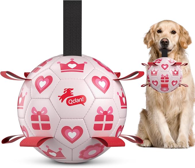 QDAN Valentines Gift Dog Toys, 8 Inch Dog Soccer Ball with Straps, Pink | Interactive Tug of War Toy, Puppy Birthday Gifts, Water Toy, Durable Dog Balls for Medium Large Dog, Outdoor Herding Balls