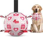 QDAN Valentines Gift Dog Toys, 8 Inch Dog Soccer Ball with Straps, Pink | Interactive Tug of War Toy, Puppy Birthday Gifts, Water Toy, Durable Dog Balls for Medium Large Dog, Outdoor Herding Balls
