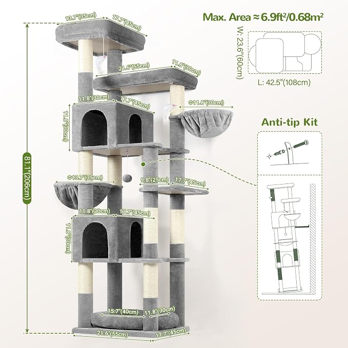 Globlazer Heavy Duty Cat Tree, 81 inch Extra Large Cat Tree for Indoor Cats Large Adult, Sturdy Cat Tower with 8 Scratching Post, 2 Cat Condos, 2 Platform, S81C, Light Grey