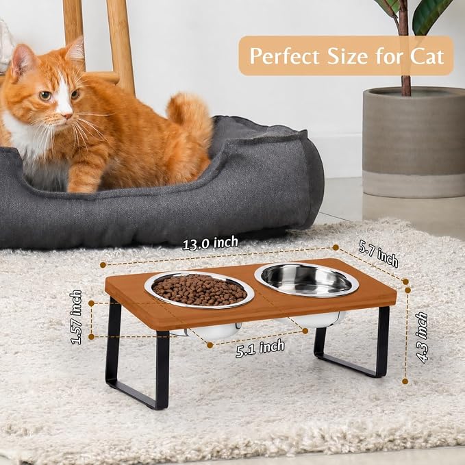 Elevated Cat Food Bowl for Indoor Cat, Brown Raised Water Bowl Set for Pet | Whisker Friendly, Anti Vomit, Feeding Station for Puppy, Stainless Steel, Pet Dish, Easy Assembly, Bamboo, Dishwashers Safe