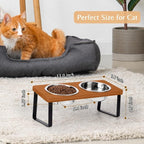 Elevated Cat Food Bowl for Indoor Cat, Brown Raised Water Bowl Set for Pet | Whisker Friendly, Anti Vomit, Feeding Station for Puppy, Stainless Steel, Pet Dish, Easy Assembly, Bamboo, Dishwashers Safe