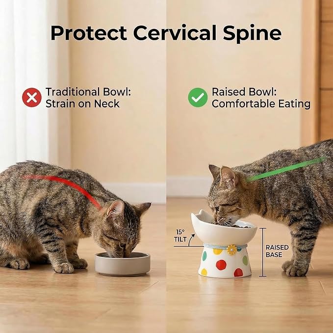 Elevated Ceramic Cat Bowls, 15°Raised Cat Food Bowl,Whisker Friendly Anti Vomiting Cats Dishes,Anti Vomiting&Protect Pet's Spine,Feeder Dish for Indoor Kitty and Small Dogs (Polka dot Tall cat Bowl)