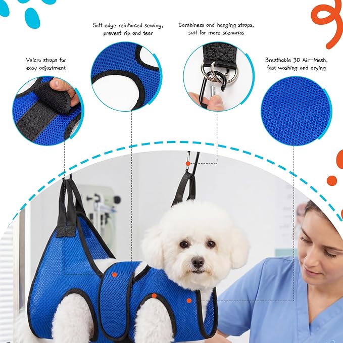 Dog Grooming Hammock Harness, Hanging Sling Restraint for Nail Clipping | Small to Medium Dogs & Cats, with Nail Clipper and Comb Pet Grooming Hammock Kit