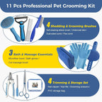 11 Piece Dog Grooming Kit - Hair, Nail, Massage Bath Supplies For Pets Cats | slicker dog brush for shedding，comb, undercoat rake, nail clipper tool, towel, scrubber gloves, scissors, all in one fur care