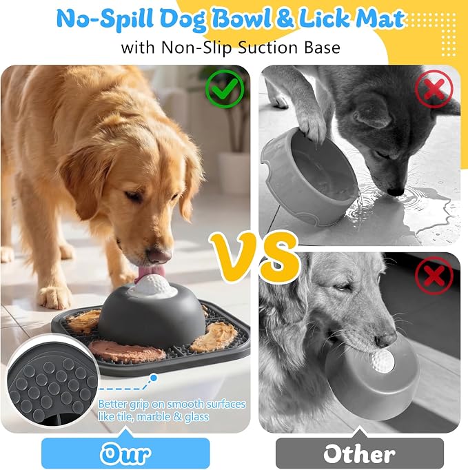 Slow Feeder Dog Bowls & Lick Mat for Liquid and Thick Treat, Anti-Slip Dog Lick Bowl with Interactive Rolling Ball, 5/6 Cup Pup Licking Toy for Large Medium Small Dogs and Cats-Large Gray
