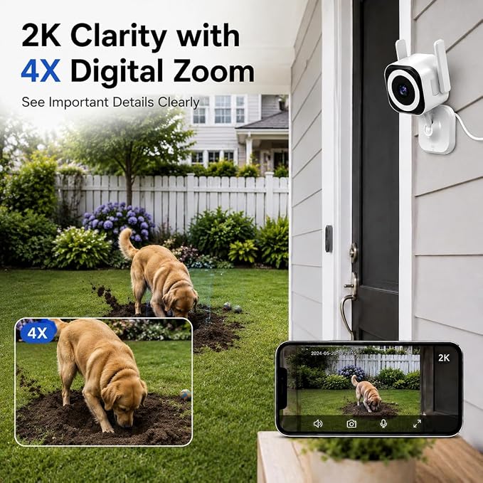 2K Indoor Outdoor Security Cameras for Home Security, Baby Monitor, 2Pack | 5G/2.4G WiFi Camera for Dog/Pet, Color Night Vision, 4X Zoom, 2-Way Audio, IP66, SD/Cloud, Plug-in