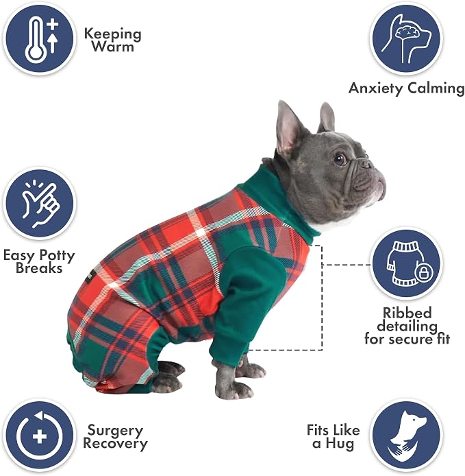 Spark Paws Dog Christmas Pajama, Dog Recovery Suit Male, Onesie, Ultra-Soft and 4-Way Stretch, for Small Medium and Large Breeds - Green and Red Plaid - 5XL