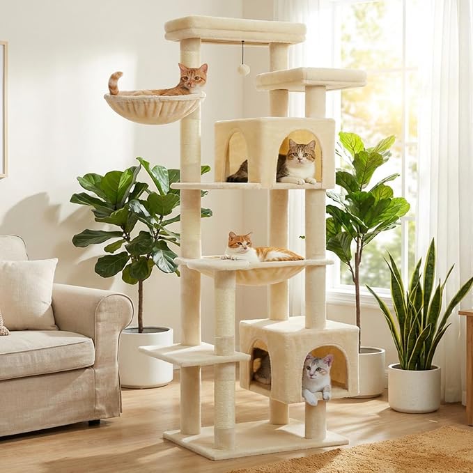 69" Tall Cat Tree for Indoor Cats Large Adult, Multi-Level Cat Tower | Multi-Level Cat Tree with Scratching Posts, Soft Padded Perch, 2 Dangling Toys