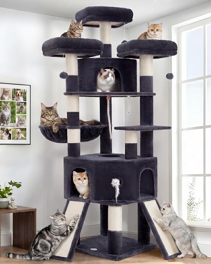 Cat Tree, 81.1" Tall Heavy Duty Cat Tower for Large Cats VCT032G | Cat Furniture with 3 Wide Platforms, Diamond-Shaped Condo 2 Sisal Scratchers, Hammock & Stable Base, Smoky Gray