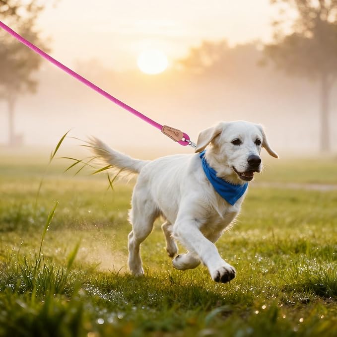 Mile High Life Dog Leash with Genuine Leather Connection, 4/5/6 FT | Rope Leash, Heavy Duty 360° Swivel Metal Clasp, for Small Medium & Large Dogs (Bright Pink, 60 Inch)