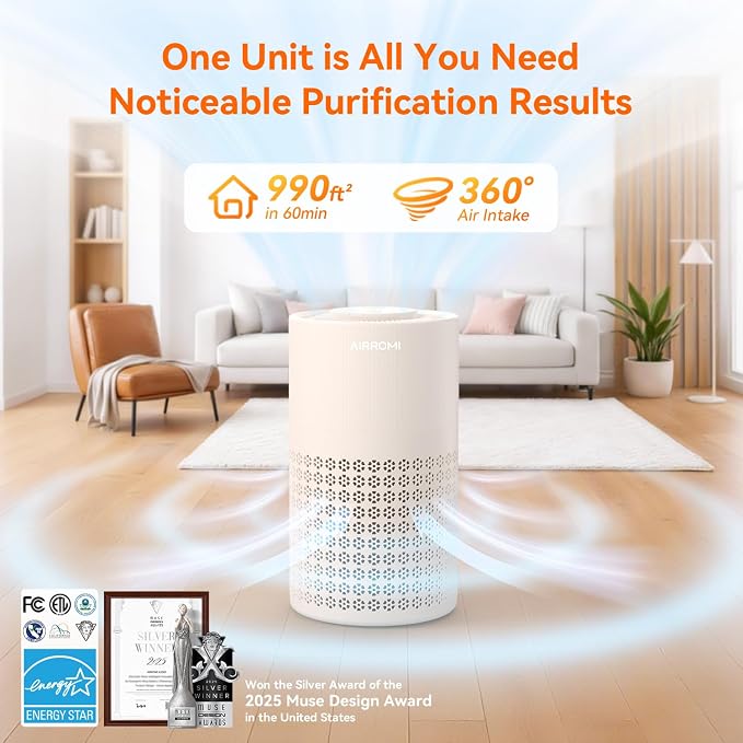 AIRROMI Air Purifier for Bedroom with A2001 Creamy Beige