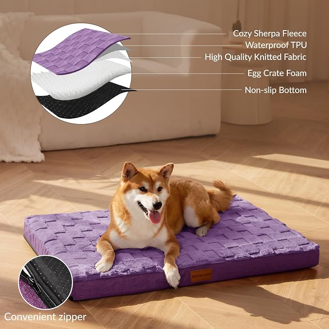 Patas Lague Orthopedic Large Dog Bed Washable Pet Crate Mat 36''X24'' Purple