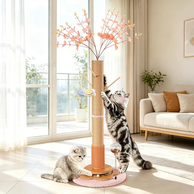 45" Tall Cat Scratching Post for Large Cats Adults | Grooming Brush, Track Ball, Spring Feeder & 3 Bee Toys, Sisal Rope Large Cat Scratcher Tree with Leaves for Indoor Cats, Pink
