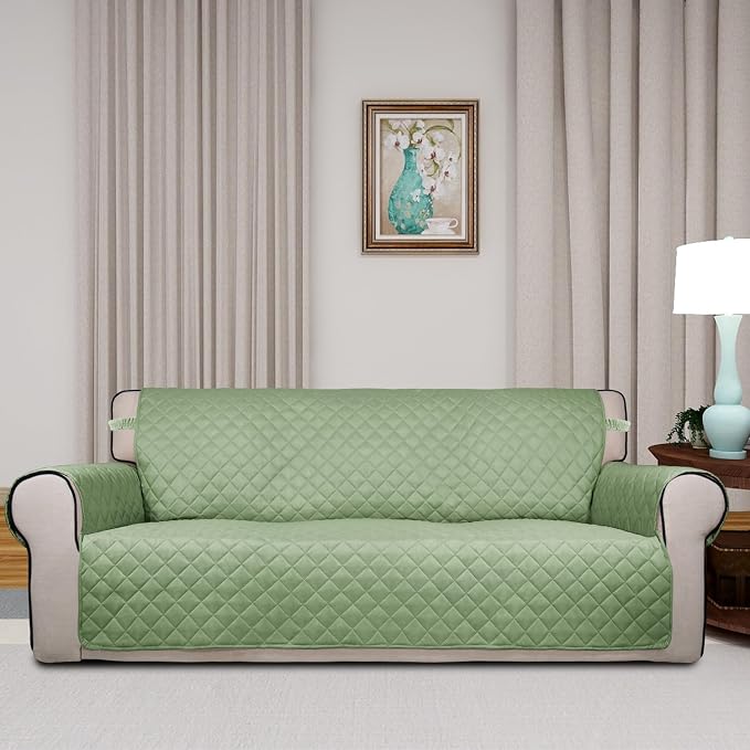 PureFit Reversible Quilted Sofa Cover Dog Couch Covers for Sofa, 66 in | Sage Green/Ivory, Water Resistant Couch Protector, Washable Pet Couch Cover with Non Slip and Elastic Straps For Kids