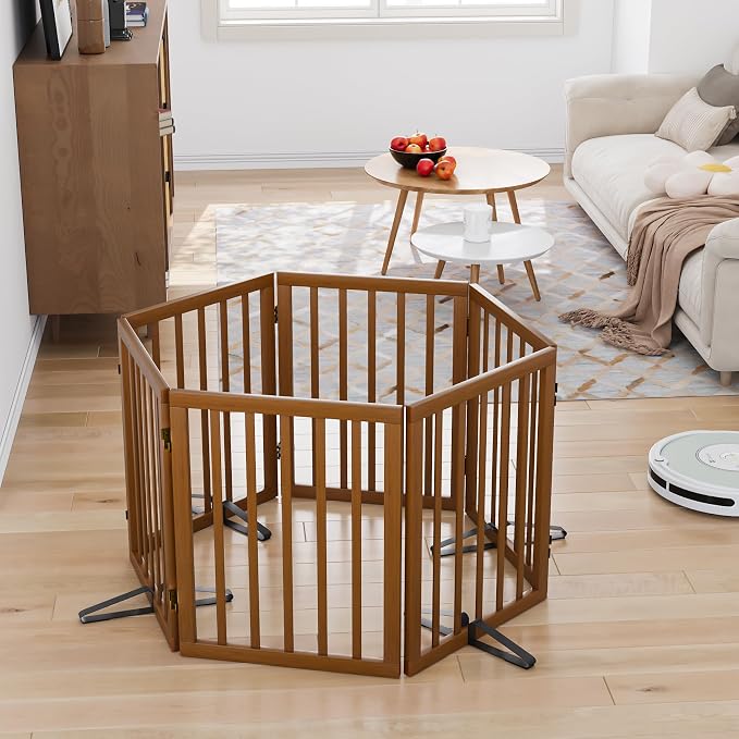 Freestanding Pet Gate Foldable Dog Gate (110 inches Wide) Walnut Bamboo Dog Gates for Stair Doorways House Puppy Fences Indoor (4 Support Feet Included)