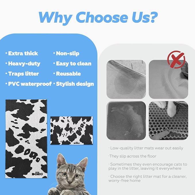 Doro Cat Litter Mat 23x15 Inch Waterproof Litter Trapping Mat | Original Cow Pattern Design, Regular Size, Durable PVC, Easy to Clean, Urine-Proof