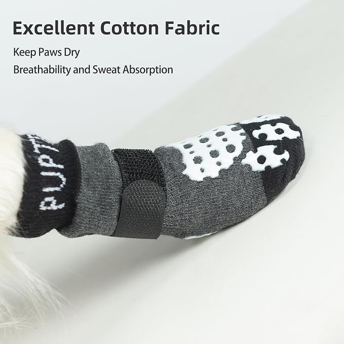 PUPTECK Anti-Slip Dog Socks with Double Sides Grips for Small Medium Large Dogs Hardwood Floors Prevents Licking, Dog Shoes for Hot Pavement Traction Control Paw Protector for Senior Dogs, Grey L