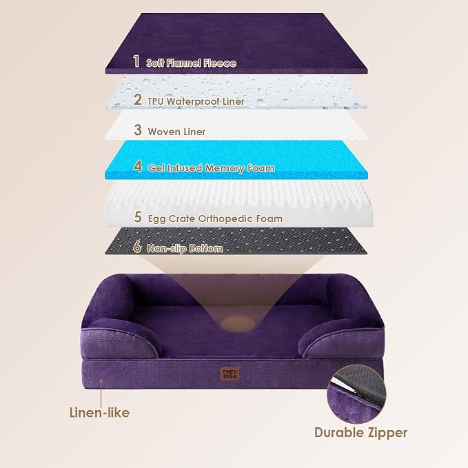 EHEYCIGA Orthopedic XXL Dog Bed, Waterproof Washable XL Big Pet Bed 52" | Non-Slip Bottom and Egg-Crate Memory Foam Extra Large Pet Couch Bed with Washable Removable Cover, Purple