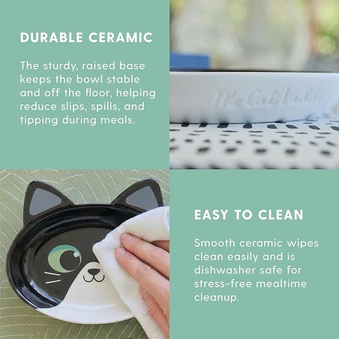 The Cat Ladies Ceramic Cat Bowls - Whisker Friendly Food Bowl - Cute Pet, Kitten Plates - Dishes for Indoor Cats - Dish for Wet Food & Water - Platos para Gatos - Black and White Cat, Large