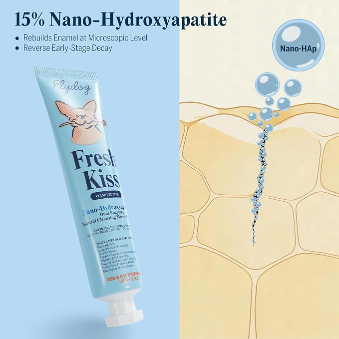 FlyDog Fresh Kiss Remineralizing Toothpaste for Dogs & Cats, Vet Approved Nano-Hydroxyapatite Dog Toothpaste - Rebuild Enamel, Remove Tartar & Plaque, Freshen Breath, Plant-Based 3.5oz (Peanut Butter)