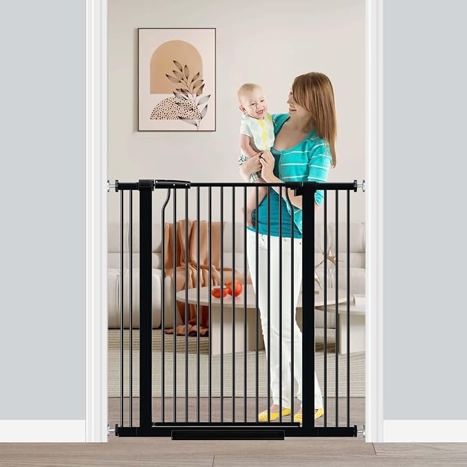 Fairy Baby 40.5" Extra Tall Baby Gate No Drill, 29.6"-40.5" Extra Wide Wide Dog Pet Gate Indoor, Metal Pressure Mounted Safety Child Kid Gate, Auto Close Pet Cat Proof Gate for Stairs Doorway, Black