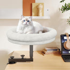 Desk Cat Bed, 18" Cat Bed for Desk, 360° Rotating, White | Cat bed desk with plush cushion, reinforced frame and adjustable position for home or office desks.