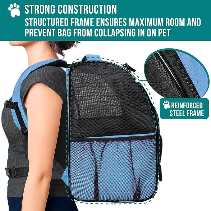PetAmi Dog Backpack Carrier for Small Medium Dogs Large Cats up to 18 lbs, 2 Side Entry, Structured No-Collapse Frame, Airline Approved Ventilated Pet Backpack for Hiking Camping Travel, Light Blue