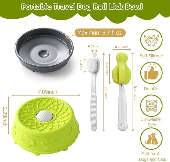 Dog Slow Feeder Lick Bowl with Rolling Ball for Liquid Treats,2-in-1(Green) | Anti-Slip Silicone Dog Licking Bowl for Bone Broth with Suction Cup, Enrichment Lick Sphere Toy for Large Medium Dogs Cats