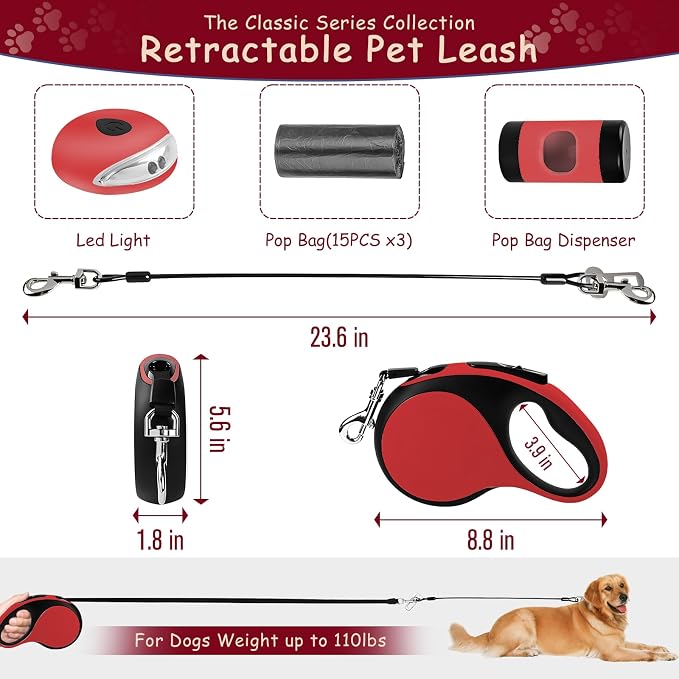 26Ft Retractable Dog Leash for Dog Up to 110lbs, Tangle Free Walking Leash, Heavy Duty Nylon Tape with Chew Proof Cable | LED Light | Dispenser | Poop Bags, Quick Lock Braking & Non-Slip Handle (Red)