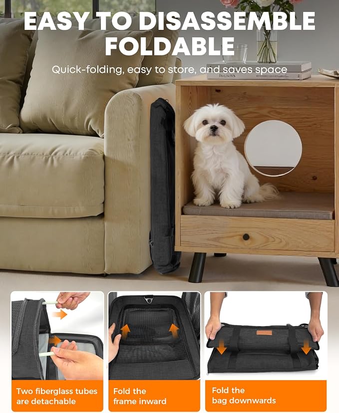 Foldable Cat Dog Carrier for Pets up to 15 Lb, Black | Top & Side Entry, Soft-Sided Pet Carrier with Ventilated Anti-Scratch Mesh & Car Seat Buckle for Car Travel, 20×13×13 in