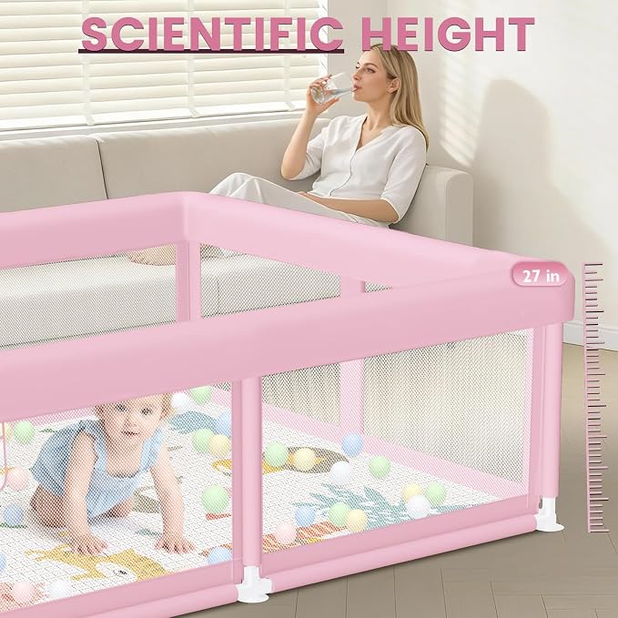 Hiaksedt Baby Playpen with Mat 50"x50" Baby Girl Play Pen for Babies | Playpen and Toddlers, Safe Structure and Soft, Skin-Friendly Fabric with Zipper Gates Pink