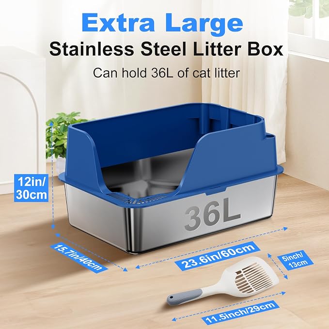 Non-Stick Stainless Steel Litter Box, XL Side Open Splash-Proof (Blue) | Leak-Proof Seamless Seal, Ellenpent Large Capacity, Cat Litter Box with Lid for Multi-Cats, Easy-Clean & Durable