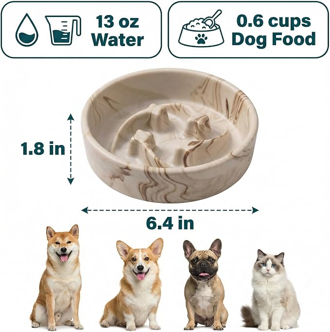 Stoneware Slow Feeder Dog Bowls Small Breed, 0.6 Cups, 6.4 Inch | Raised maze design slows fast eating for small dogs, puppies and cats; Marble Pattern Design，non-slip and dishwasher safe.