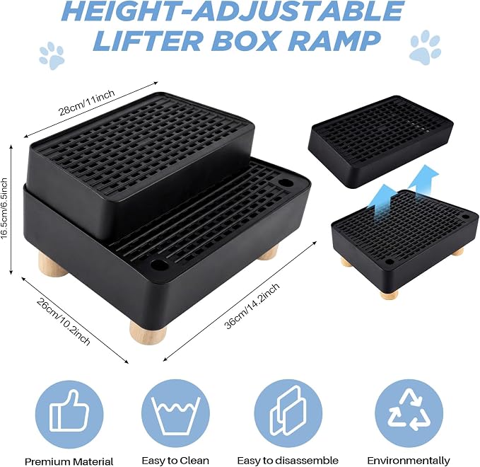 Adjustable Litter Box Step, Cat Litter Box Ramp/Catcher with Wooden Feet | 2 Steps,Fits Automatic Litter Box Steps, Filter Function, Anti-Tracking, Easy to Clean, For Small & Elderly Cats